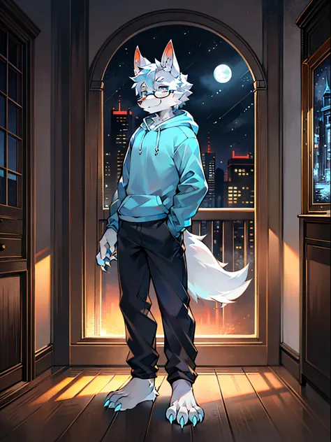 High Picture Quality，Modern age city，The top floor of the building，potted，Night moon background，single player，Wolf Animal Humanoid，out of stock，male figure，Full body standing painting，Short hair details，Dark gray fur，square frame round glasses，Wolf ears，Li...