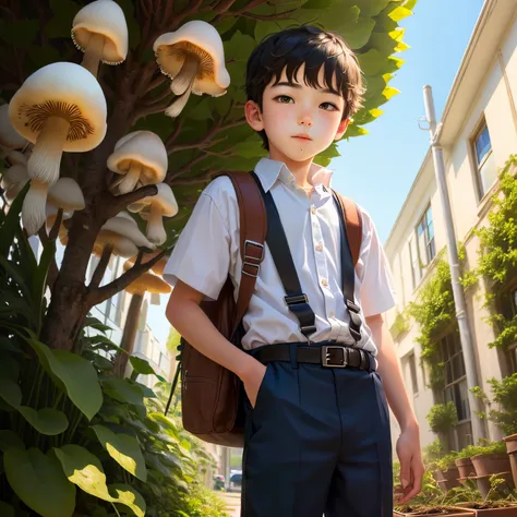 Elementary school boy with mushrooms growing from his crotch