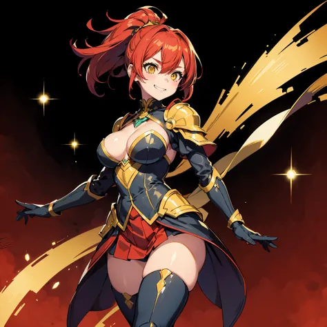 (masterpiece), expressive eyes, perfect face, 1girl, knight girl, solo, ponytail, hair over one eye, red hair BREAK green armor BREAK large breasts, gold trim, yellow eyes BREAK gloves, boots, standing, smile, grin, abstract background, red background, spa...