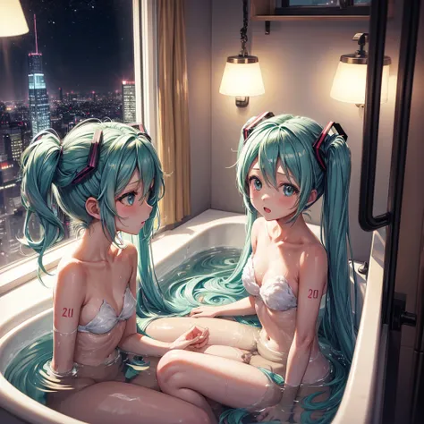 2 girls, (Hatsune Miku), (Kagamine Rin), cute, naked, (curvy body:0.5), (plump body:0.5), small breasts, long hair, kiss, taking a bath, square bathtub, night view outside window, buildings outside window