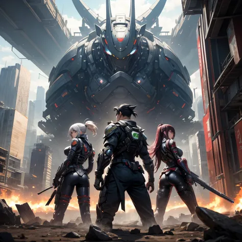 masutepiece、超A high resolution、Powerful images、8K、2 men and women、A super futuristic city on a grand scale、Future landscape in 2530、、cyborg female warrior、frog mutant male、Wearing metal armor、fight enemies with guns、The two are surrounded by enemies back t...