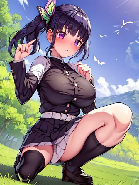 1girl, KanaoTsuyuri(dmone slayer), blush, ktuniform, miniskirts, black hair, side ponytail, purple eyes,butterfly hair ornament, bangs,  squatting, thighhighs, gigantic breasts,