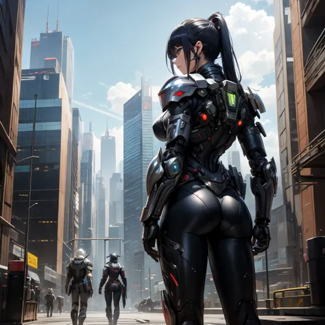 masutepiece、超A high resolution、Powerful images、8K、2 men and women、A super futuristic city on a grand scale、Future landscape in 2530、、cyborg female warrior、frog mutant male、Wearing metal armor、fight enemies with guns、The two are surrounded by enemies back t...