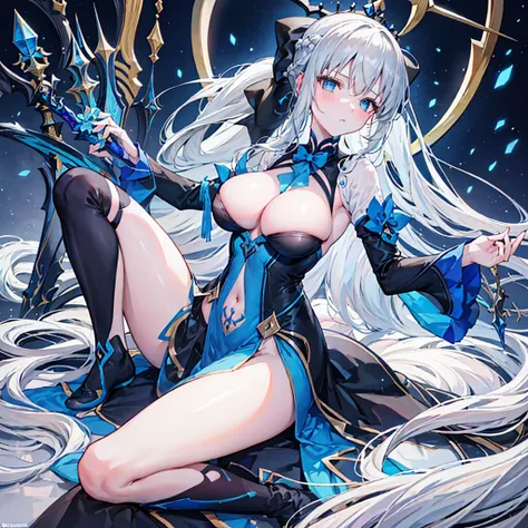 （Enrich the picture，Masterpiece level quality）Beautiful 8K CG artwork，morgan le fay (fate), blue eyes, Long Hair, pony tail,Very long hair, big boob, black bow, looking at viewer, gown, Hair Bow, thights, thights, black dress, Bangs, side locks, French bra...