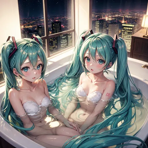 2 girls, (Hatsune Miku), (Kagamine Rin), cute, naked, (curvy body:0.5), (plump body:0.5), small breasts, long hair, kiss, taking a bath, square bathtub, night view outside window, buildings outside window