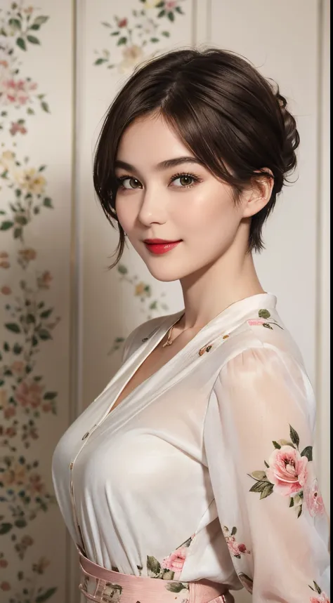 109
(a 20 yo woman,is standing), (A hyper-realistic), (high-level image quality), ((beautiful hairstyle 46)), ((short-hair)), (Gentle smile), (Keep your mouth shut), (lipsticks), (brest:1.1), Floral clothing