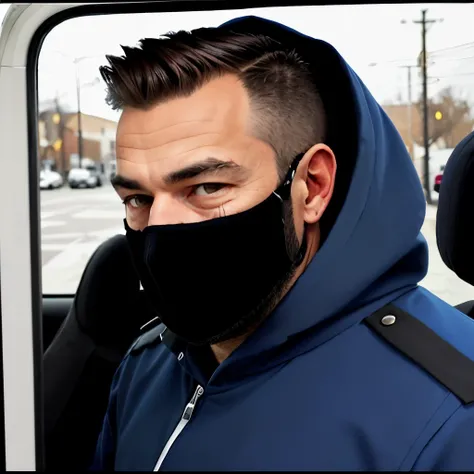 A man in a suit with the hood pulled over so that half of his face is hidden