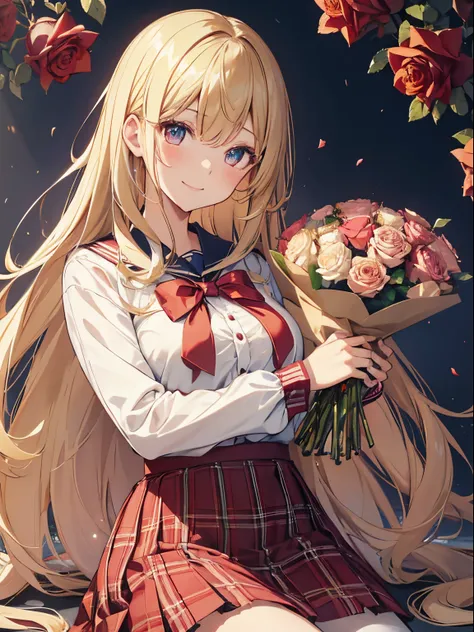 ((A bouquet of roses in both hands)), Large bouquet、masutepiece, of the highest quality, , 1girl in, Solo,front facing:1.5),rose petal background、Present a bouquet of roses to the viewer、 Cute delicate eyes,School uniform,、huge smile、(((,Hair color is blon...