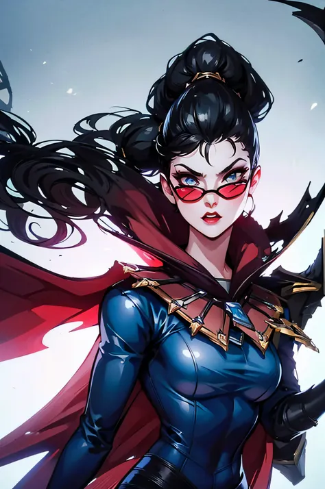 (masterpiece), best quality, expressive eyes, perfect face, vayne, 1girl, solo, long hair, black hair, gloves, ponytail, cape, s...