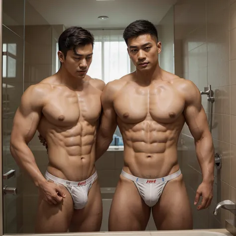 A handsome, muscular Chinese man wears underwear on display with another handsome man in the bathroom.