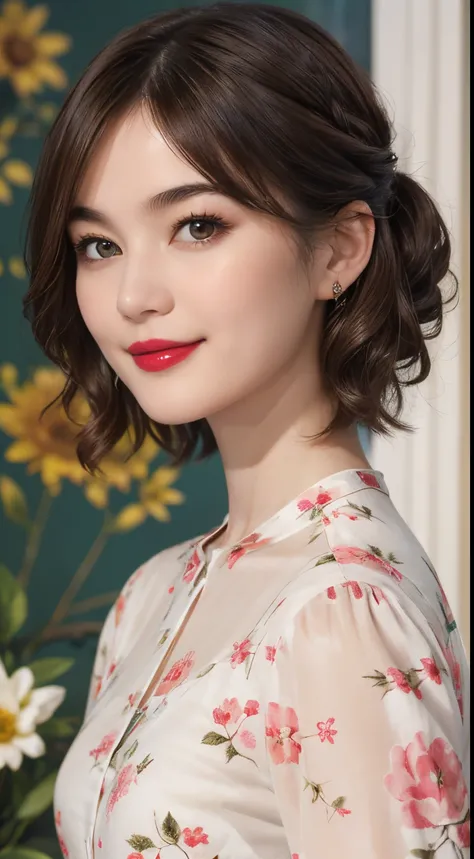 109
(a 20 yo woman,is standing), (A hyper-realistic), (high-level image quality), ((beautiful hairstyle 46)), ((short-hair)), (Gentle smile), (Keep your mouth shut), (lipsticks), (brest:1.1), Floral clothing