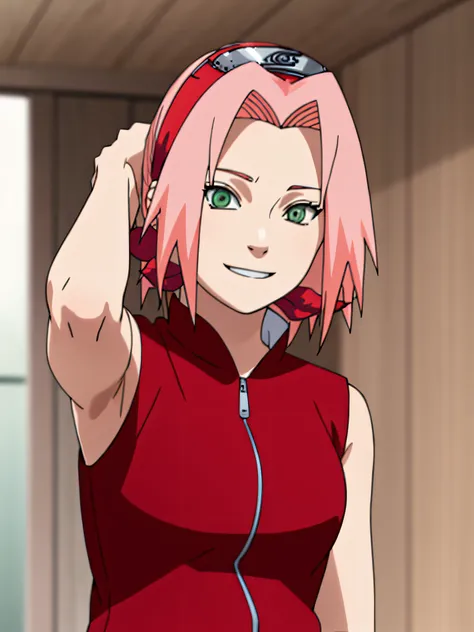 sakura shippuden, sakura haruno, sleeveless, red jacket, smiling, solo, 1 girl, shaved armpits, arm behind head, armpit focus, g...