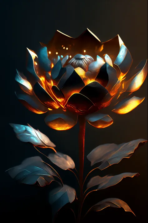 metal Peony flower, super transparent, holy light, beautiful spectrum light, petals glowing, shimmering, dark background, transparent light drops, reflected light, bright, light streaming in, optical, portrait silhouette, sharp focus, magical, intricate, h...