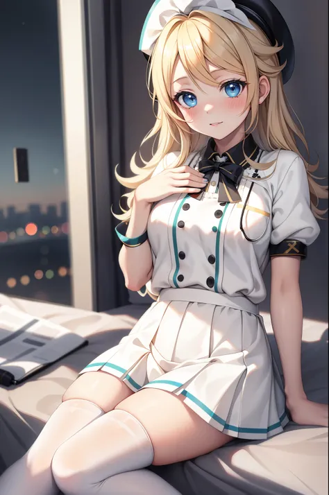 Kagamine rin , 1girl, traje de enfermera, Gorra de enfermera, Desgaste blanco, ((Legwear blanco, Zettai Ryouiki)), Guantes blancos, cabello rubio, ojos azules, labios rosados, They are smiling, En pie, ((hospital room)), sharp outline, manga corta, La mejo...