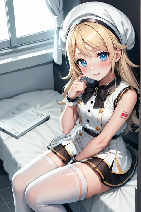 Kagamine rin , 1girl, traje de enfermera, Gorra de enfermera, Desgaste blanco, ((Legwear blanco, Zettai Ryouiki)), Guantes blancos, cabello rubio, ojos azules, labios rosados, They are smiling, En pie, ((hospital room)), sharp outline, manga corta, La mejo...