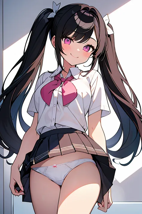 (Masterpiece:1.2), (Best quality:1.2),1girll,school_uniform, (((White panties))), shirt, dark skirt, Floating skirt, Pull up your skirt, Displayed well,long hair, (pigtails), black hair, pink eyes, smile, stocking