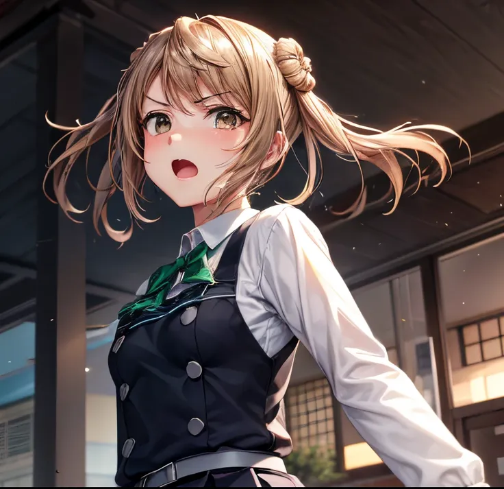 {{love live!}},{{masterpiece}}, {highly detailed}, ,(masterpiece, best quality:1.2), upper body, MichishioKC, {{from below}}, angry, shouting, school uniform, pinafore dress, green ribbon, looking at viewer, small breast, long sleeve,