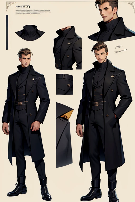 reference sheet：1.8，super detailing，high qulity，tmasterpiece，a tall boy，Handsome face，Short black coat，long trousers，Martin boots，American style