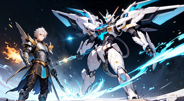 (The figure is a young man, short silver hair, wearing golden armor with an energy core in the chest), (the armor has layers, the body is clearly visible), (he stands in front of a mecha), (huge mecha , light blue armor, horned head, lion-shaped chest armo...