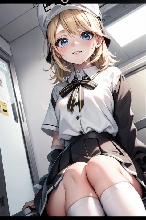 Kagamine rin , 1girl, traje de enfermera, Gorra de enfermera, Desgaste blanco, ((Legwear blanco, Zettai Ryouiki)), Guantes blancos, cabello rubio, ojos azules, labios rosados, They are smiling, En pie, ((hospital room)), sharp outline, manga corta, La mejo...