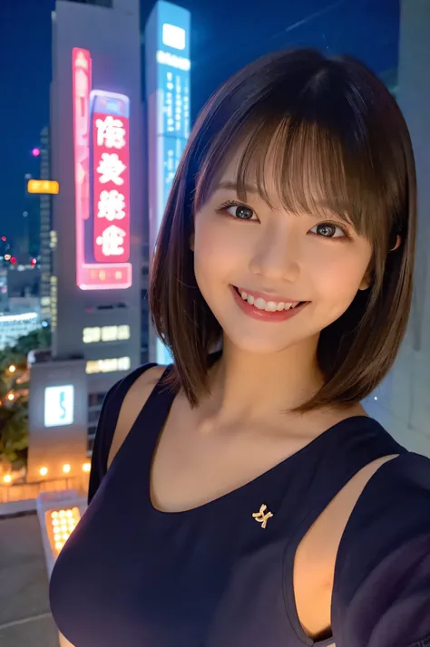 Super beautiful girl、ultra cute girl、Night view in the background、night view from the hill、C Cup、short-cut、Slender body、huge smile、Company Uniform、nffsw, retinas, Anatomically correct, Best Quality, 4K