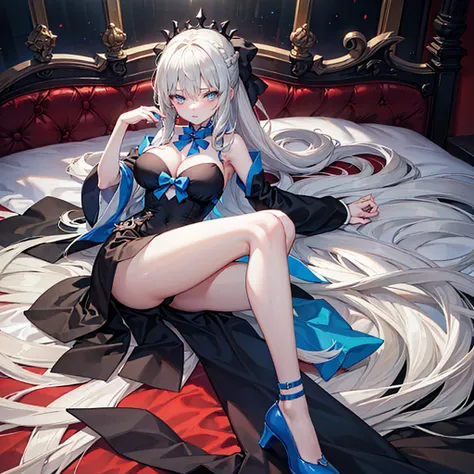 （Enrich the picture，Masterpiece level quality）Beautiful 8K CG artwork，morgan le fay (fate), blue eyes, Long Hair, pony tail,Very long hair, big boob, black bow, looking at viewer, gown, Hair Bow, thights, thights, black dress, Bangs, side locks, French bra...