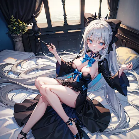 （Enrich the picture，Masterpiece level quality）Beautiful 8K CG artwork，morgan le fay (fate), blue eyes, Long Hair, pony tail,Very long hair, big boob, black bow, looking at viewer, gown, Hair Bow, thights, thights, black dress, Bangs, side locks, French bra...