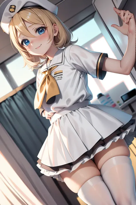 Kagamine rin , 1girl, traje de enfermera, Gorra de enfermera, Desgaste blanco, ((Legwear blanco, Zettai Ryouiki)), Guantes blancos, cabello rubio, ojos azules, labios rosados, They are smiling, En pie, ((hospital room)), sharp outline, manga corta, La mejo...