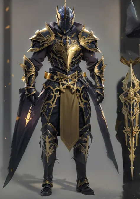 Design a male knight character with a strong sense of justice. golden+Black armor, Stylish and unique. Holding a huge sword. Volumetriclighting, Realist breakthrough (tmasterpiece:1.2), (Best quality at best), 4K, ultra - detailed, (dynamic compositions: 1...