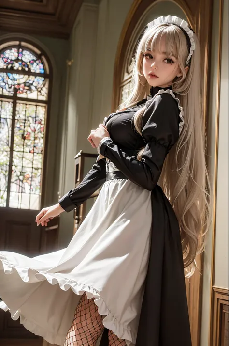 1girl in,Silver Curly Long Hair,de pele branca,((almond eye)),((Classic Maid Clothing)),fishnet tights,High quality,is standing,Inside the mansion