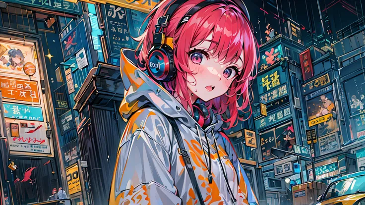 8K分辨率、((top-quality))、((​masterpiece))、((ultra-detailliert))、1 woman、独奏、incredibly absurdness、Oversized hoodies、headphones、Street、plein air、Rain at night、neons、Shortcut Hair、Brightly colored eyes、Hands in pockets、shortpants、water dripping、red hairs、Bob Hai...