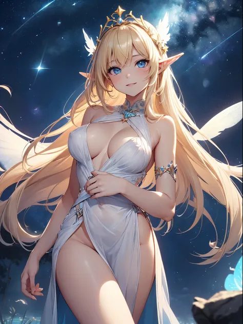 top-quality、Top image quality、​masterpiece、Full body naked girl((20yr old、Best Bust、big bast、Bust 90,Beautiful blue eyes、,Blonde long hair、A slender、Fairy feathers、flying though the air、a closeup、Esbian、Floating in the light、beautiful tiara、hiquality、Beaut...