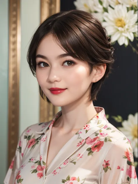 109
(a 20 yo woman,is standing), (A hyper-realistic), (high-level image quality), ((beautiful hairstyle 46)), ((short-hair)), (Gentle smile), (Keep your mouth shut), (lipsticks), (breasted:1.1), Floral clothing