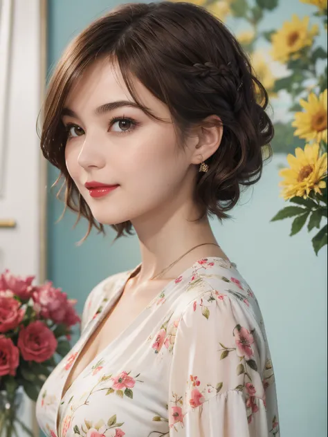 109
(a 20 yo woman,is standing), (A hyper-realistic), (high-level image quality), ((beautiful hairstyle 46)), ((short-hair)), (Gentle smile), (Keep your mouth shut), (lipsticks), (breasted:1.1), Floral clothing