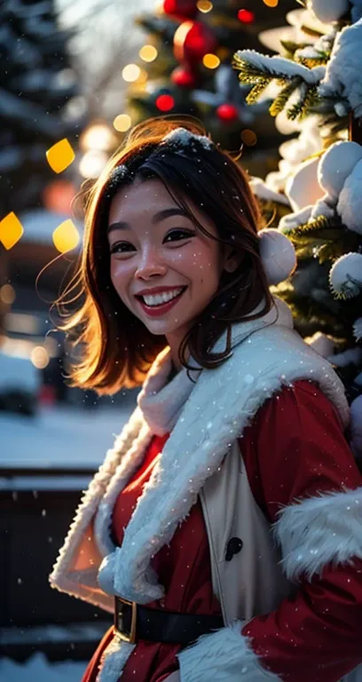 Christmas red Santa dress outfit, snow background, Christmas trees background, amazing Christmas lights, big smile, Christmas gifts, 8k cinematic, volumetric lighting, light sparkles particles