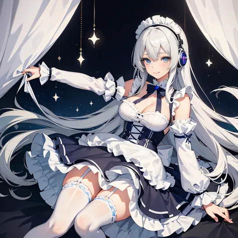 "anime girl, 1 person, silver-white hair mixed with blue, blue eyes, wearing headphones, maid outfit, lolita maid, big breasts, stockings, standing cross-legged, serving, licking lips, perspective  tilted, (full HD 4K+ image)"