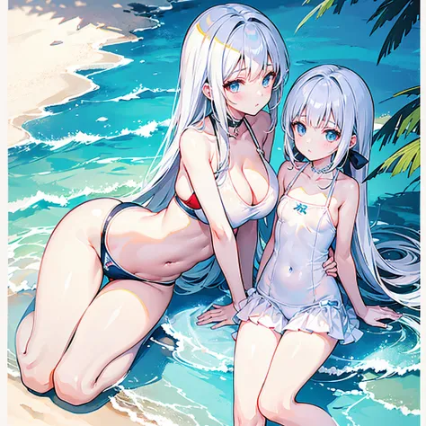 mother and daughter，sandbeach，White high-fork swimsuit，full bodyesbian，140cm flat chested daughter，180cm busty mother