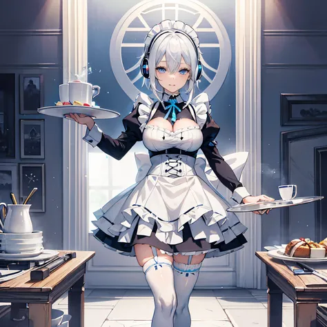 "anime girl, 1 person, silver-white hair mixed with blue, blue eyes, wearing headphones, maid outfit, lolita maid, big breasts, stockings, standing cross-legged, holding serving tray, serving  , licking lips, side view, (full HD 4K+ image)"