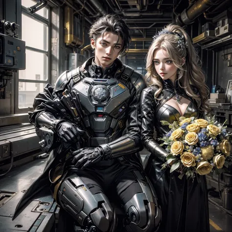 1 male android, 1 female android, android man gives woman a bouquet of metal flowers, bouquet of metal flowers, beautiful flowers made of metal, metal flowers in a bouquet, pay special attention to all the details of a bouquet of metal flowers, 極端なディテール, T...