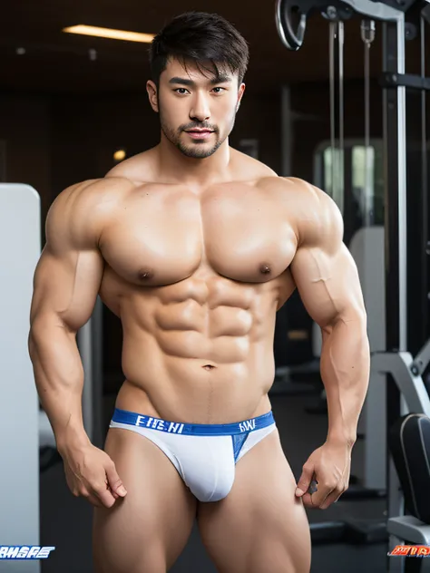 tmasterpiece, Best quality, 2 people chest to chest,Handsome man with stubble,Short hair details、Handsome Asian muscular guy with stubble on his temples, gym background, body builder, muscle body, Very large muscles, Bodybuilding champion，Fine fine skin，Ra...