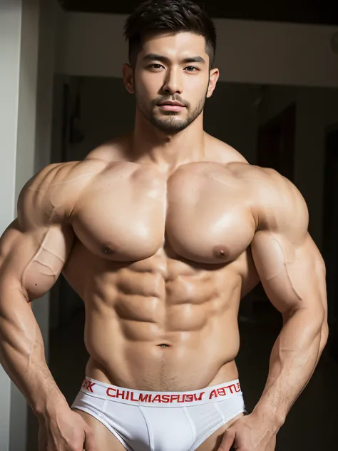 tmasterpiece, Best quality at best, （（2 muscular men chest to chest））,（armpit hair pubic hair）Handsome man with stubble,Short hair details、Handsome Asian muscular guy with stubble on his temples, gym background, body builder, muscle body, very large muscle...