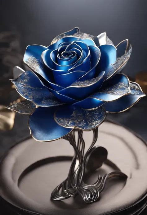 Creative advertising，Valentines Day poster， (Close-up of blue seductress rose flower made of metal）, Each metallic blue enchantress flower is carefully crafted，realistic shapes，petals cascading，Soft and textured。they are dark blue，like the night sky，like a...