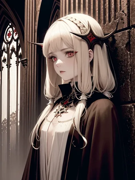 pale young divine gothic priestess, twintails, pure white skin, rust decay, Beautiful full body symmetrical portrait, Delicate blonde hairstyle, crimson eyes, dark red elegant gothic armor, encrusted with red gems, dark cathedral, masterpiece, Highest imag...