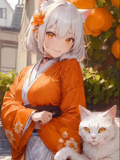 (Sipped:1.8)、独奏、full body Esbian、wearing an orange kimono、extra detailed face、（A smile：1.2）、jumpy、Gravure Pose、beatiful detailed eyes、white  hair、Bob Hair、Cats ears、​masterpiece、top-quality、Very detailed 8k wallpaper