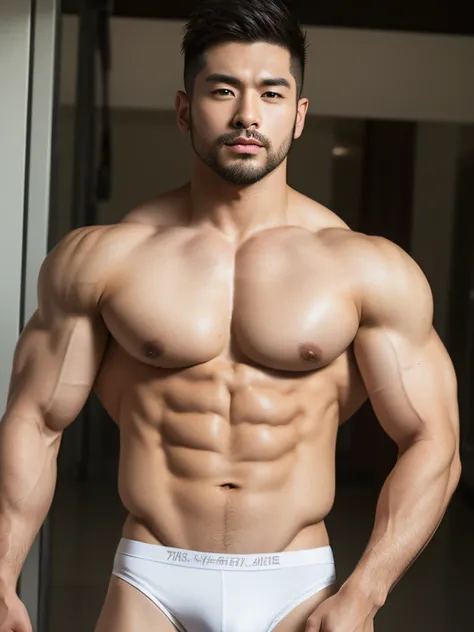 tmasterpiece, Best quality,（（（Two stubble handsome muscular Asian men chest to chest）））,Handsome man with stubble,Short hair details、Handsome Asian muscular guy with stubble on his temples, gym background, body builder, muscle body, very large muscles, Bod...