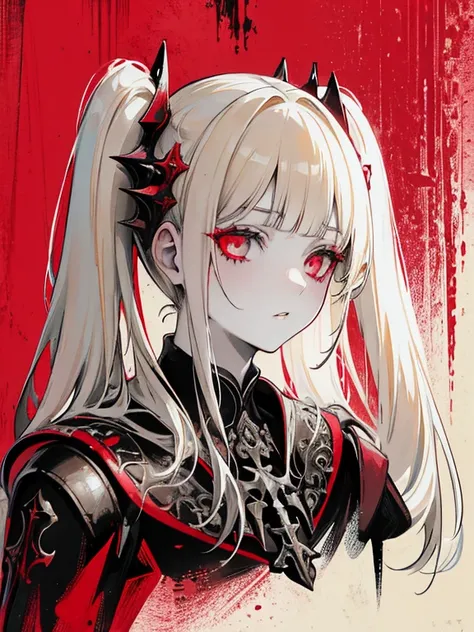 pale young divine gothic priestess, twintails, pure white skin, rust decay, Beautiful full body symmetrical portrait, Delicate blonde hairstyle, crimson eyes, dark red elegant gothic armor, encrusted with red gems, dark cathedral, masterpiece, Highest imag...