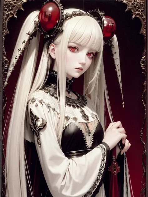 pale young divine gothic priestess, twintails, pure white skin, rust decay, Beautiful full body symmetrical portrait, Delicate blonde hairstyle, crimson eyes, dark red elegant gothic armor, encrusted with red gems, dark cathedral, masterpiece, Highest imag...