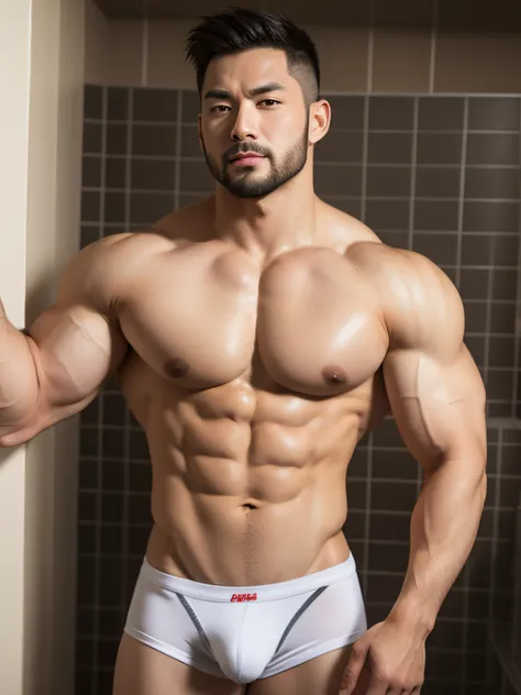 tmasterpiece, Best quality at best,（（（Two handsome muscular Asian men with stubble chest to chest）））,Handsome man with stubble,Short hair details、There is milk on the body，Handsome Asian muscular guy with stubble on his temples, Bathroom background, body b...