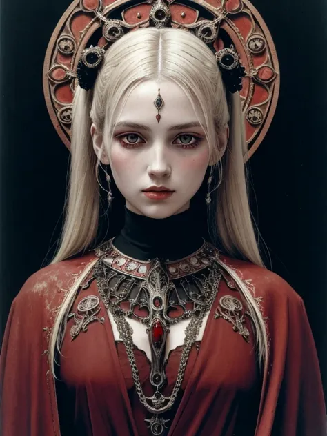 pale young divine gothic priestess, twintails, pure white skin, rust decay, Beautiful full body symmetrical portrait, Delicate blonde hairstyle, crimson eyes, dark red elegant gothic armor, encrusted with red gems, dark cathedral, masterpiece, Highest imag...