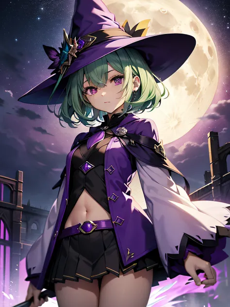 top-quality、extremely delicate and beautiful、(A teenage girl)、Purple Eye、Green hair、short-haired、(purple witch hat)、Purple tie、Soio、(shortsleeves)、Purple miniskirt、Purple Wizard Robe、Navel、is standing、Facing the front、Full moon night on background